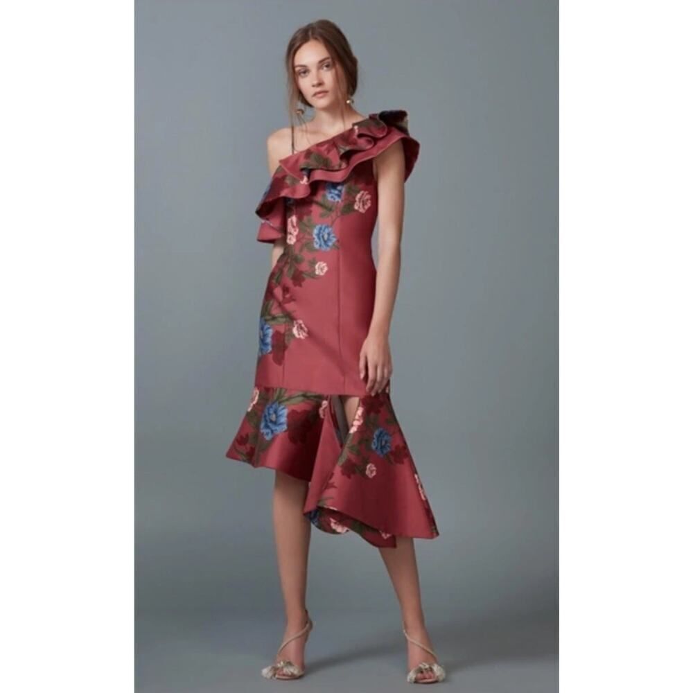 Keepsake One Shoulder Ruffle Floral Dress L Red Pink Blue Asymmetrical Midi